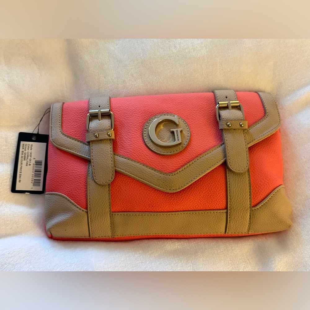 G by Guess Coral and Tan Clutch